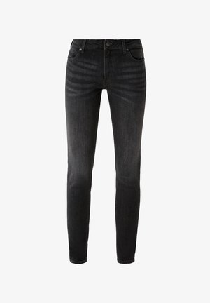 Jeans de mezclilla negra con un corte ajustado, que presentan un diseño de cinco bolsillos, pasadores para cinturón y un cierre de botón. Textura suave con un ligero desgastado.