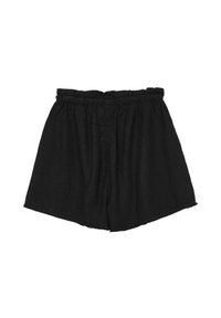 Shorts neri in lino con vita elastica, caratterizzati da una vestibilità ampia, lunghezza corta e orlo grezzo. Design semplice senza adornamenti.