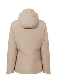 Giacca impermeabile beige chiaro con cappuccio, maniche lunghe e taglio dritto. Texture liscia e design minimalista, senza hardware visibile.