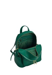 Green leather backpack with a textured finish, featuring gold-tone hardware, a front zip pocket, and an open main compartment.