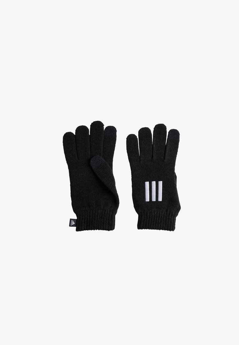 Černé pletené rukavice s vroubkovaným manžetou, které mají tři bílé pruhy v oblasti zápěstí. Materiál vypadá měkký a pružný.