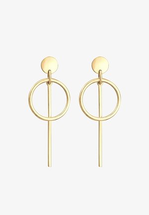 Złocone kolczyki w kształcie kółka z pionowym prętem zwisającym z małego okrągłego sztyftu.