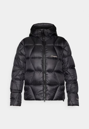 Melnā pūkija jaka ar kapuci, diagonālu quiltēšanu, rāvējslēdzēja aizdari un elastīgām aprocēm. Viegls, gluds audums ar spīdīgu apdari.