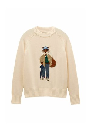 Cream knit sweater with embroidered fox wearing a cap, beige jacket, striped shirt, jeans, sneakers, and holding a blue umbrella.