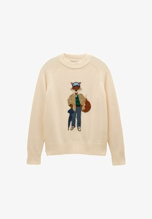 Cream knit sweater with embroidered fox wearing a cap, beige jacket, striped shirt, jeans, sneakers, and holding a blue umbrella.