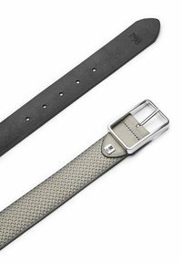 Black leather belt with subtle texture, featuring a silver metal buckle and a grey patterned strap with triangular accents.