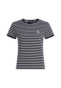 Black and white horizontal striped short-sleeve shirt with small embroidered face wearing sunglasses on left chest.