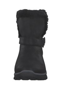 Bottines noires avec un bord en fourrure douce, des détails de sangle, une semelle en caoutchouc et un matériau lisse. Présente un bout arrondi et un design simple.