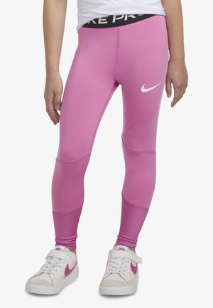 Pink stretch leggings with a thick black waistband labeled "NIKE PRO" and white Nike logo. Smooth texture and fitted design.