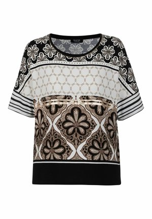 Short-sleeve blouse with mixed floral, geometric, and striped patterns in black, white, and beige tones, round neckline.
