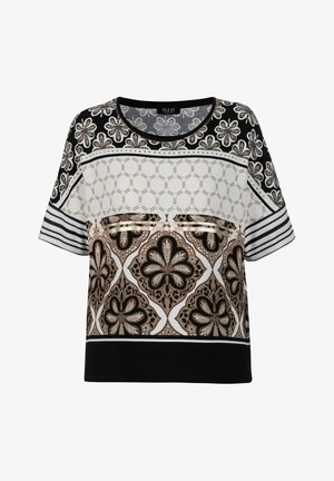 Korte mouwen blouse met gemengde bloemen-, geometrische en gestreepte patronen in zwart, wit en beige tinten, met ronde hals.