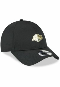 Black baseball cap with curved brim, featuring a gold Los Angeles Lakers logo on the front. Fabric has a smooth texture, adjustable strap at the back.