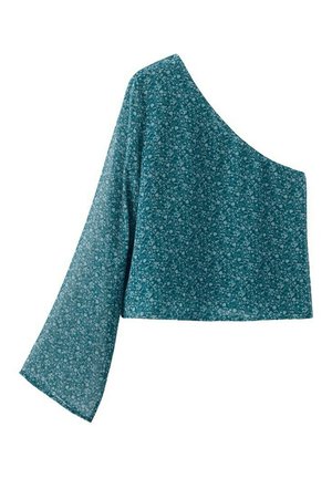 Blusa turchese monospalla con manica lunga e piccolo motivo floreale, tessuto leggero, scollo asimmetrico.