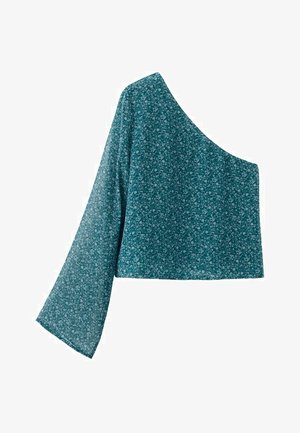 Bluza turcoaz cu o singură umăr, mânecă lungă și model floral mic, material ușor, decolteu asimetric.