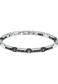 Bracciale in metallo argento con accenti neri e dettagli dorati. Presenta anelli interconnessi e un motivo geometrico su alcuni anelli.