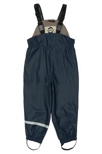 Navy vattentäta overaller med justerbara svarta remmar, elastisk midja och reflexrem. Tillverkade av hållbart, slätt material.