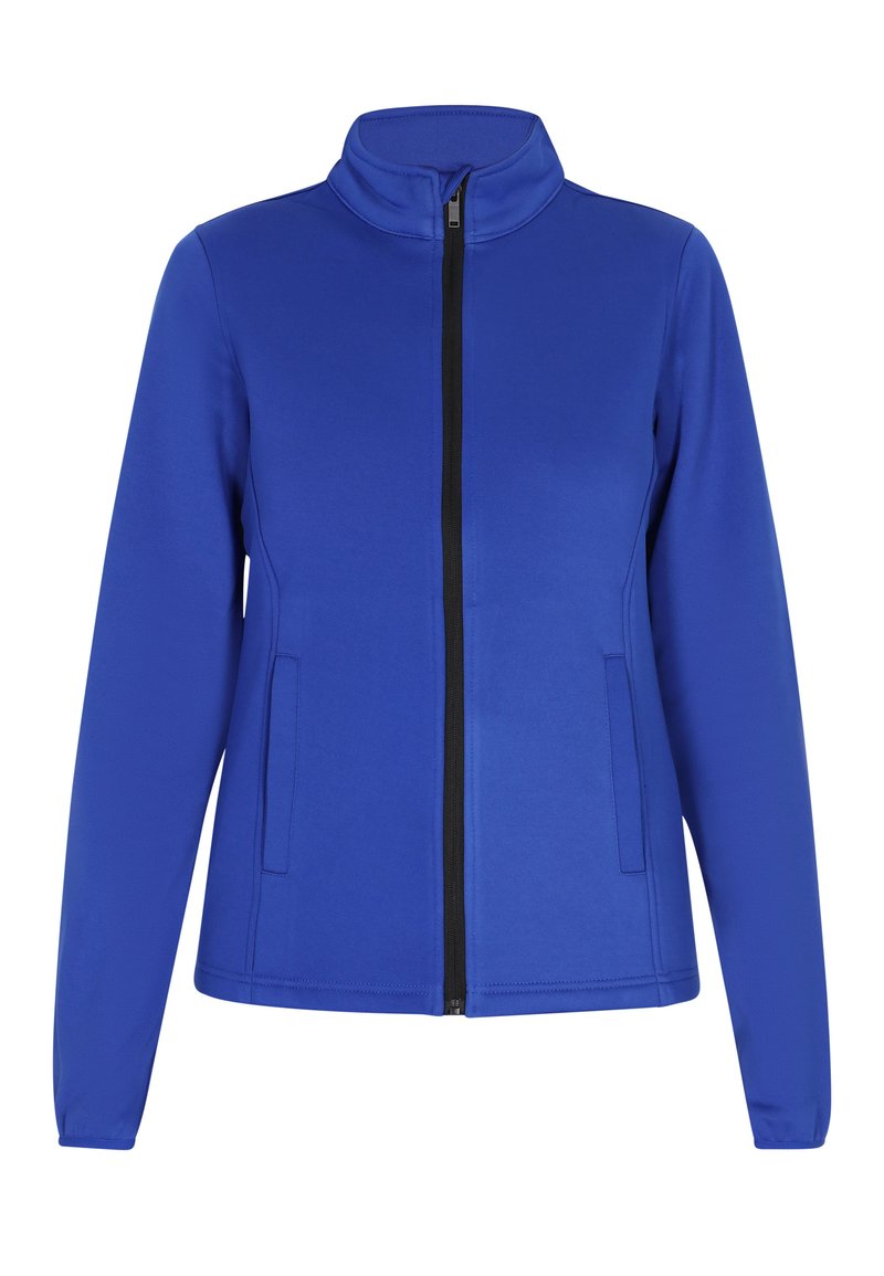 Giacca blu con zip, realizzata in tessuto liscio, presenta un colletto alto, maniche lunghe e due tasche laterali. La cerniera è di colore nero a contrasto.