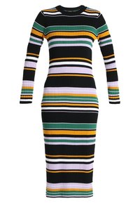 Sweter midi z prążkowanej tkaniny, z długimi rękawami i okrągłym dekoltem. Wielokolorowe paski w odcieniach zieleni, żółci, czerni, liliowego i bieli.