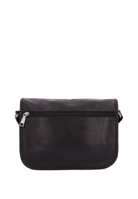 Borsa a tracolla in pelle sintetica nera con una tasca frontale con zip, forma rettangolare, texture liscia e dettagli di cucitura sottile.