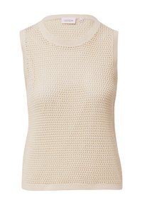 Light beige sleeveless knit top featuring a textured, open weave design with a round neckline and ribbed edges.