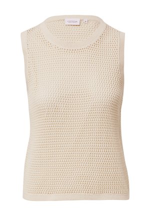 Top senza maniche di un beige chiaro in maglia, caratterizzato da un design a trama aperta e testurizzata, con scollatura rotonda e bordi a costine.