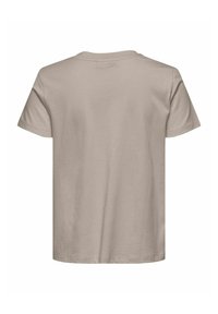 Prosty, jasno-brązowy bawełniany t-shirt z krótkim rękawem, widoczny od tyłu z okrągłym dekoltem i prostym dołem.