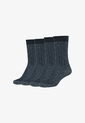 Vier Paare kniehoher Socken in Dunkelgrau mit einem strukturierten Rippdesign und verstärkten Bündchen. Weiches, elastisches Material für hohen Tragekomfort.