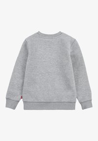 Sweat-shirt gris avec un col rond, des manches longues, des poignets côtelés et un petit patch dans le haut du dos. Texture douce, design décontracté.