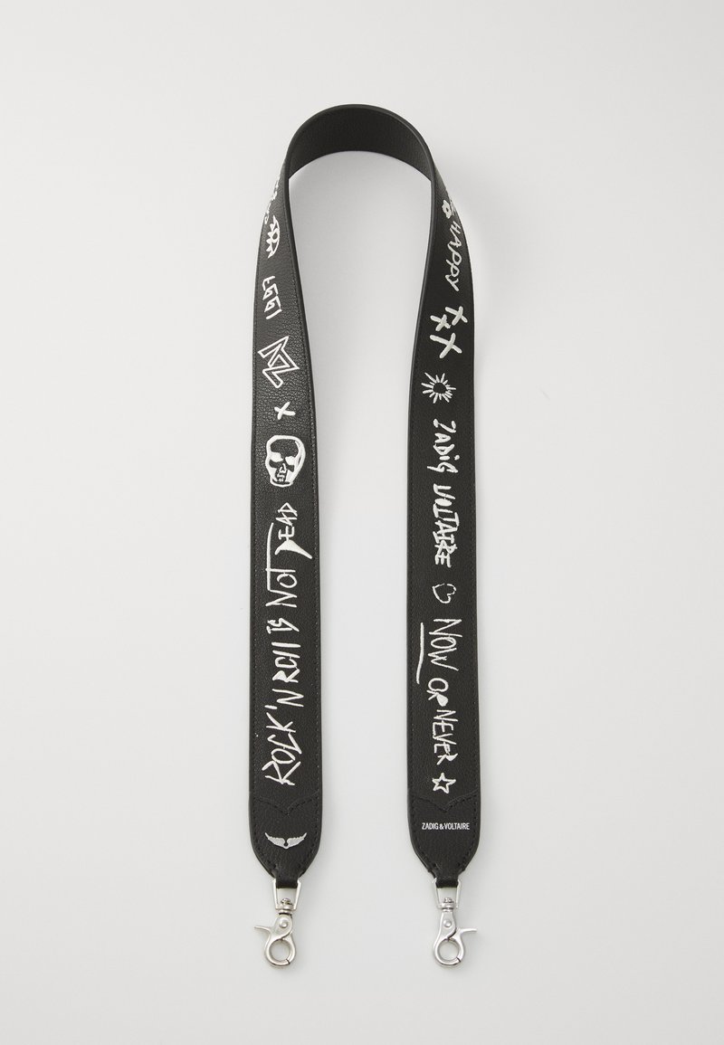 Black leather strap featuring white text and graphics, including phrases and symbols. Silver metal clips at both ends for attachment.