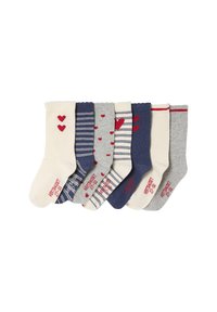 Seven pairs of children's socks in white, blue, and gray with hearts and striped patterns, arranged side by side.