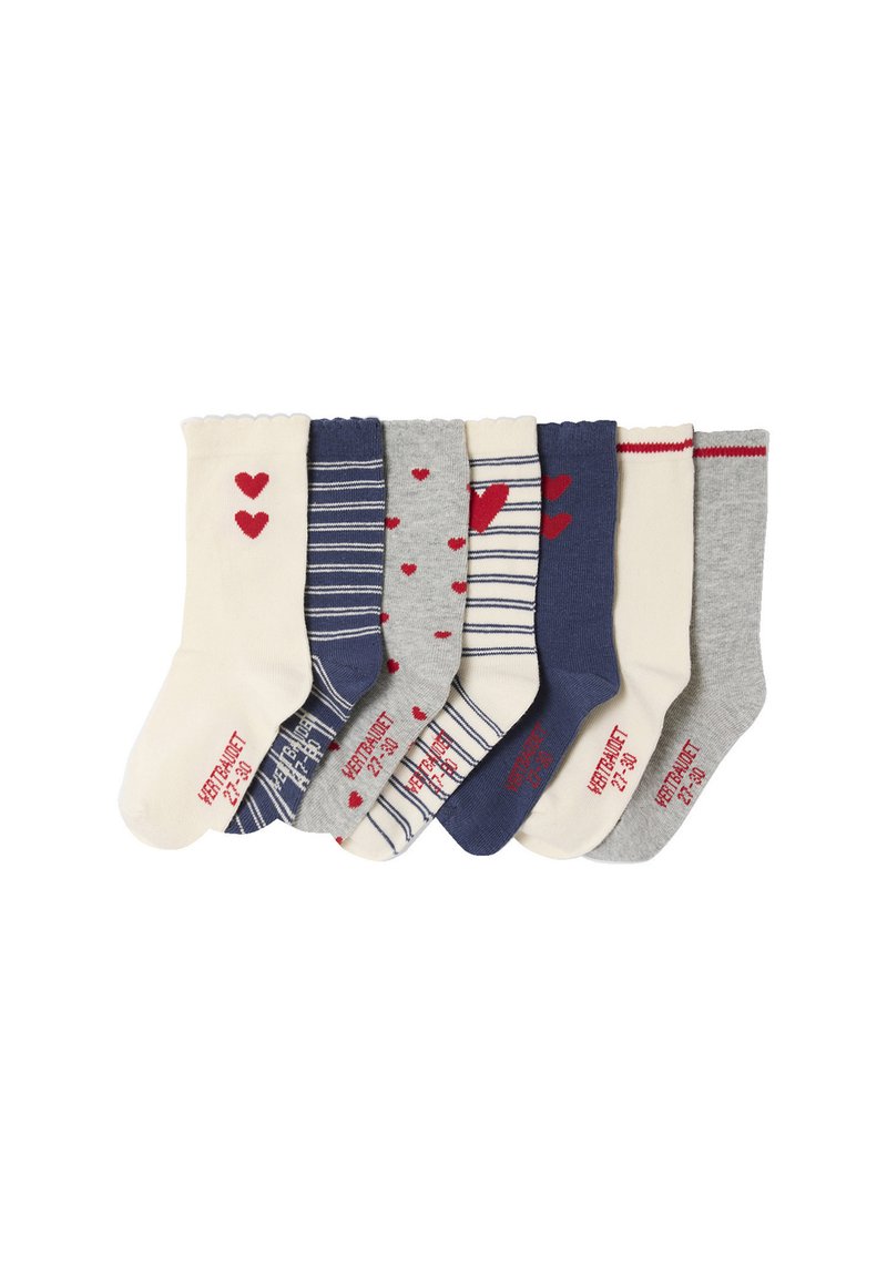 Seven pairs of children's socks in white, blue, and gray with hearts and striped patterns, arranged side by side.