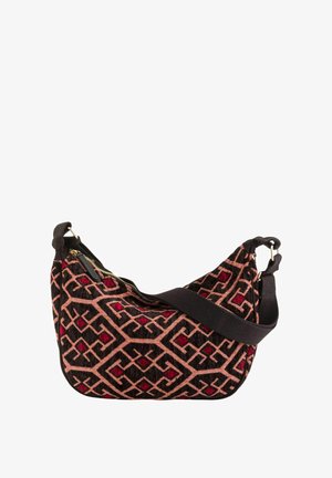 Sac d'épaule noir et rose à motifs géométriques, texture en tissu, fermeture éclair dorée et sangle noire ajustable.