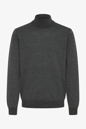 Dark gray turtleneck sweater made of textured knit fabric, featuring long sleeves and a ribbed collar and hem.