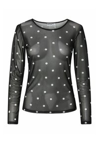 Czarna, przezroczysta koszula z długim rękawem w białe kropki, z okrągłym dekoltem i dopasowanym krojem. Miękka w dotyku o gładkiej tkaninie.