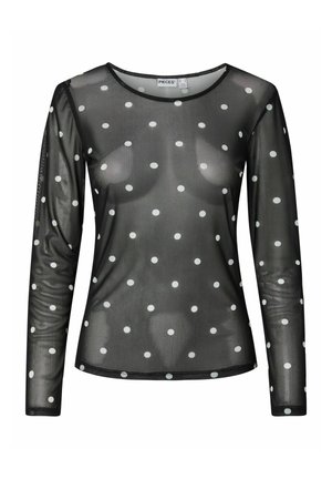 Zwarte doorschijnende blouse met lange mouwen en witte polka dots, voorzien van een ronde halslijn en een getailleerd ontwerp. Zachte textuur en gladde stof.
