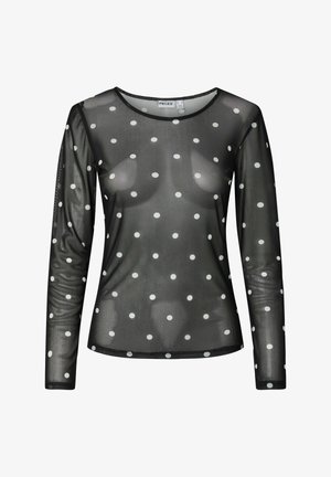 Camicia nera trasparente a maniche lunghe con pois bianchi, caratterizzata da un collo rotondo e un design aderente. Tessuto morbido e liscio.