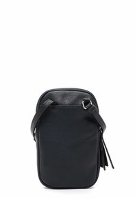 Black leather crossbody bag with a textured finish, rectangular shape, zip closure, and adjustable shoulder strap with tassel accents.