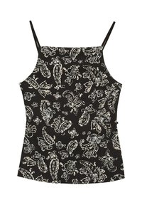 Camisola nera con spalline sottili presenta un motivo floreale e paisley bianco. Tessuto liscio, design aderente e scollatura strutturata.
