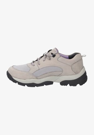 Light gray hiking shoe made of suede and mesh, featuring a rubber sole, contrasting black accents, and a lace-up design with purple details.