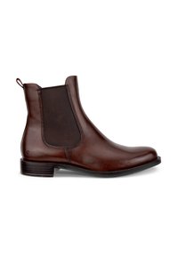 Brown leather Chelsea boot with elastic side panel, pull tab at heel, and low stacked heel on white background.