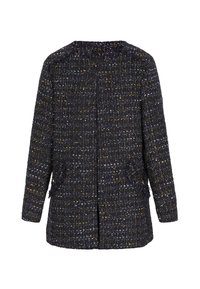 Giacca in tweed nera con fletti multicolori, caratterizzata da un collo rotondo, maniche lunghe e due tasche frontali. Finitura tessuta e strutturata.