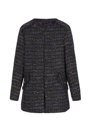 Tweed jacket in black with multicolor flecks, featuring a round neck, long sleeves, and two front pockets. Textured, woven finish.