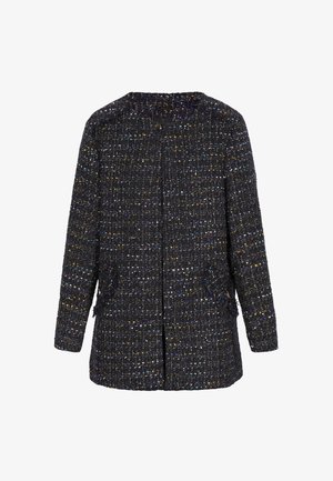 Giacca in tweed nera con fletti multicolori, caratterizzata da un collo rotondo, maniche lunghe e due tasche frontali. Finitura tessuta e strutturata.