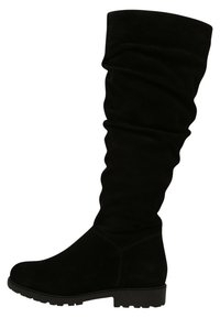 Mustat, löysät, polven ylle ulottuvat saappaat pehmeää mokkaa, joissa on pyöristetty kärki ja litteä kumipohja, jossa on uritettu pinta pidon parantamiseksi.