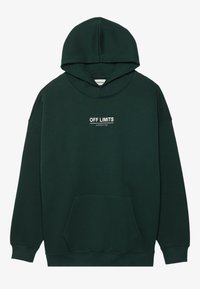 Sudadera verde con un bolsillo canguro, presenta una impresión blanca "SIN ACCESO" en la parte frontal. Está hecha de una tela suave y texturizada con un ajuste relajado.