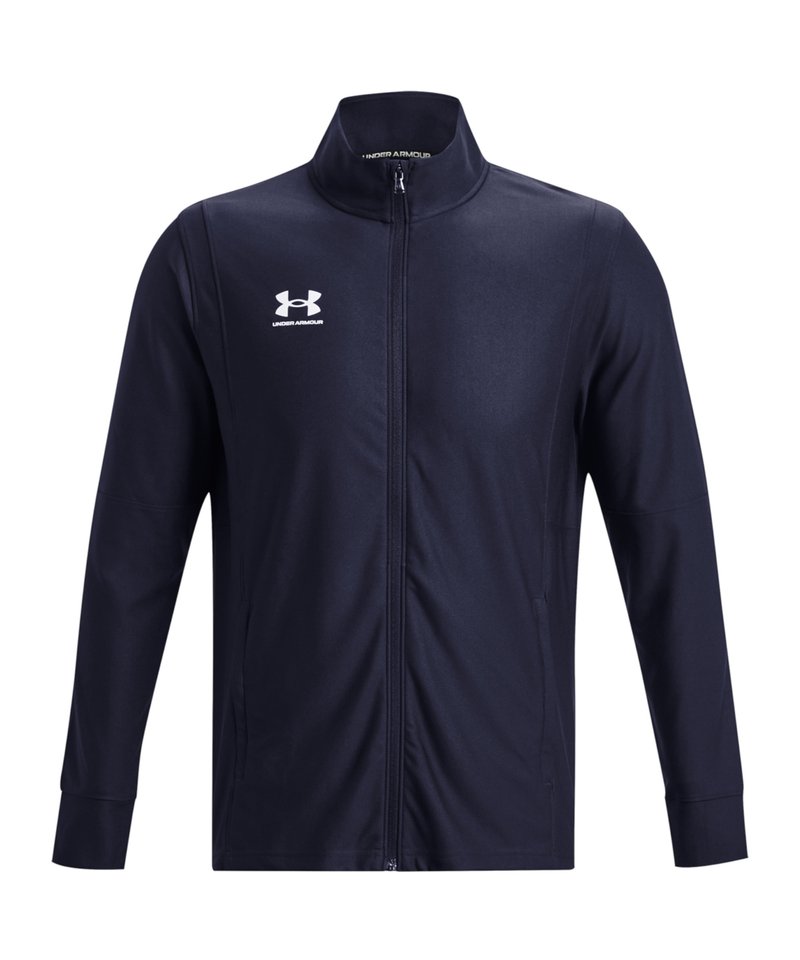 Veste zippée bleu marine en tissu lisse et léger, avec un col montant, des manches longues et un logo blanc sur le haut à gauche.