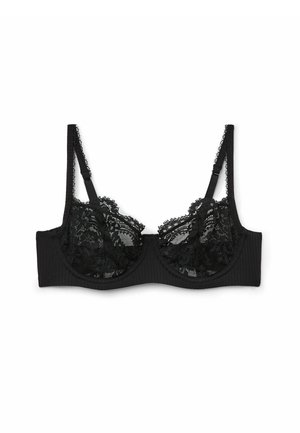 Black lace bra with sheer lace cups and a ribbed band. Features adjustable straps and scalloped lace edges.