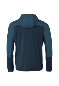 Giacca con cappuccio di un blu scuro con accenti azzurri a contrasto, tessuto testurizzato e design aderente. Presenta maniche lunghe e orlo piatto.