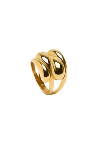 Pierścionek w kolorze złotym z projektem o trzech pętlach, z gładkimi, odbijającymi światło powierzchniami i zaokrąglonymi krawędziami. Minimalistyczny styl z eleganckim wykończeniem.