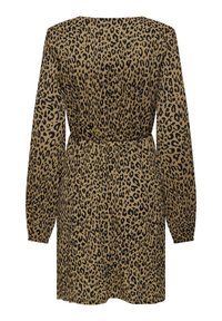 Leopardenmuster-Kleid aus beigefarbenem und schwarzem Stoff, mit langen Ärmeln, runder Ausschnitt und taillierter Taille für eine enganliegende Silhouette.